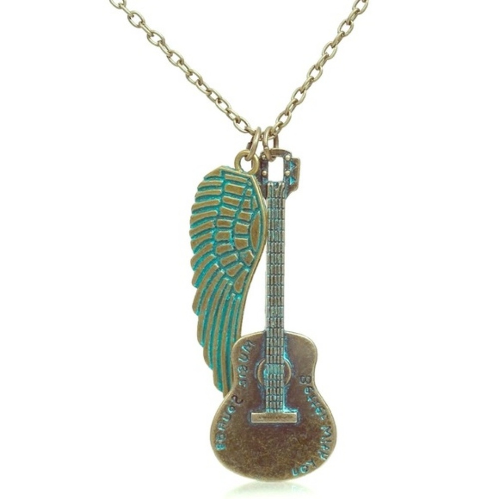 Pretty Patina guitar and wing necklace